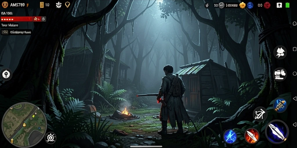 Screenshot gameplay menunjukkan suasana mencekam di dalam hutan Horror.