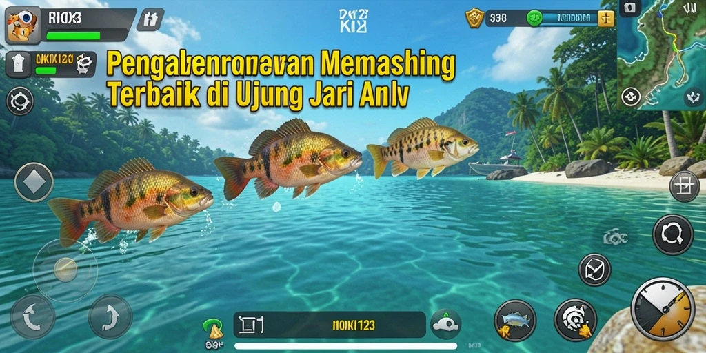 Screenshot gameplay HOKI123 menampilkan iklan memancing yang seru dan berwarna-warni.