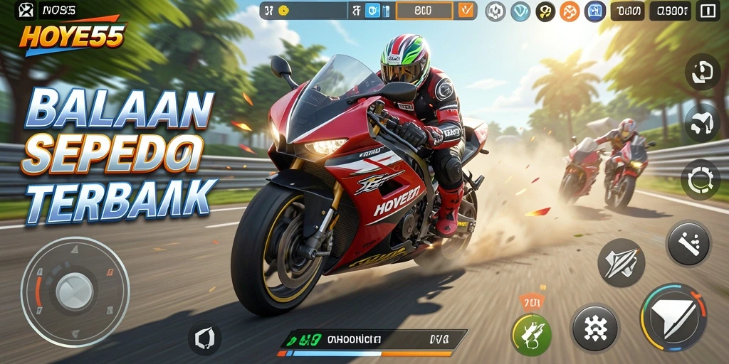 Screenshot gameplay seru dari HOYE55 dengan balapan sepeda motor.