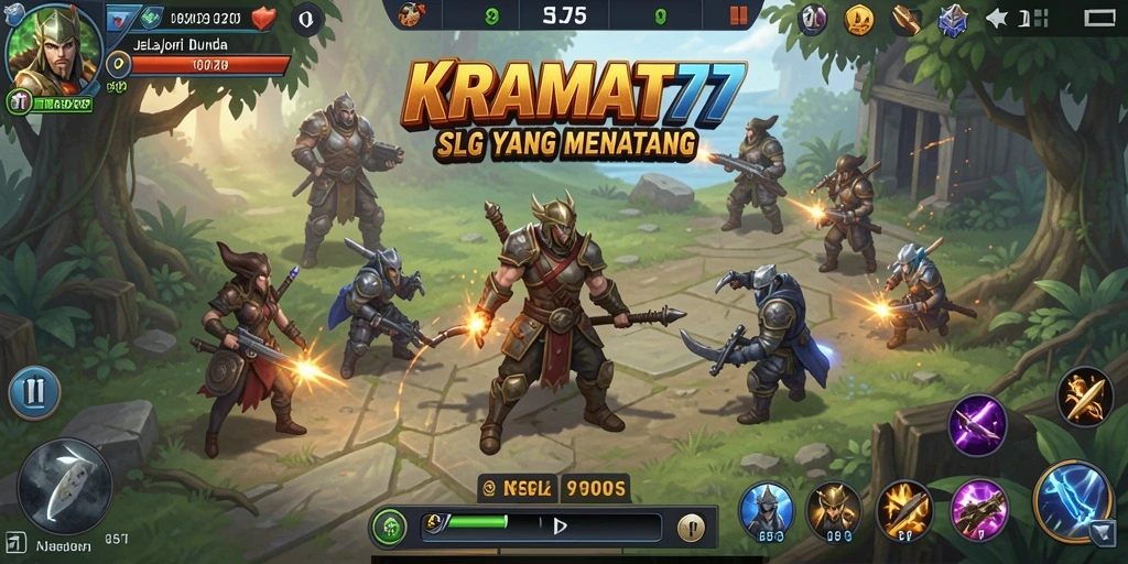 Gameplay KRAMAT77 yang menampilkan pertempuran strategi dan pembangunan kerajaan.