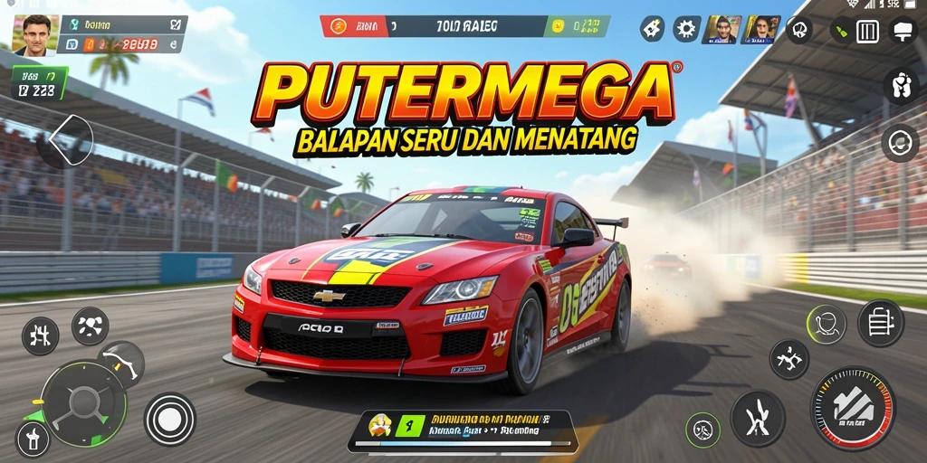 Tangkapan layar gameplay PUTERMEGA yang menunjukkan balapan intens.