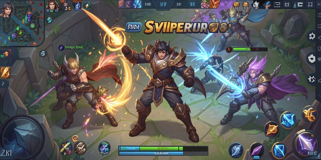 Screenshot gameplay SVIP2 dengan pertarungan MOBA yang seru.